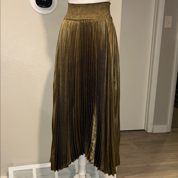 NWT ELIE TAHARI Tarnished Gold Pleated Midi Skirt Asymmetric size Small - Picture 3 of 11